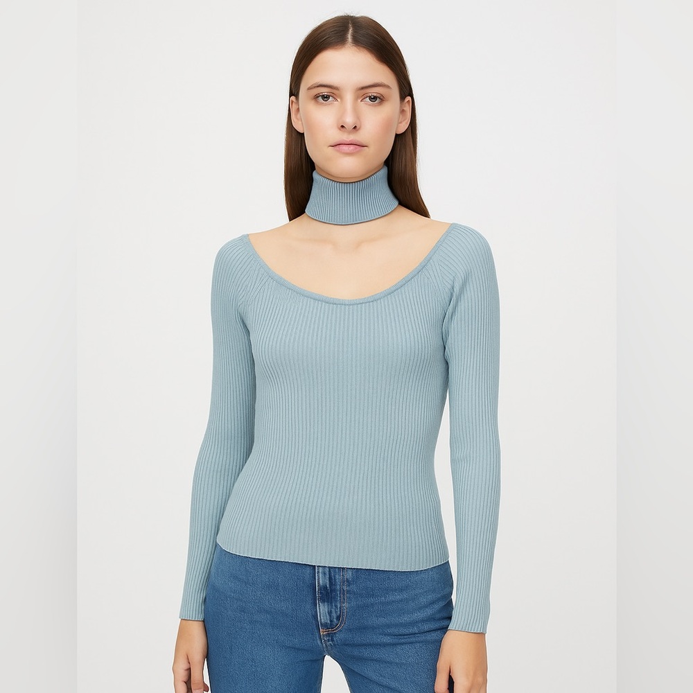 Lila Cilly Ribbed Knit Chocker Collar Sweater Light Blue Long Sleeve Top Small